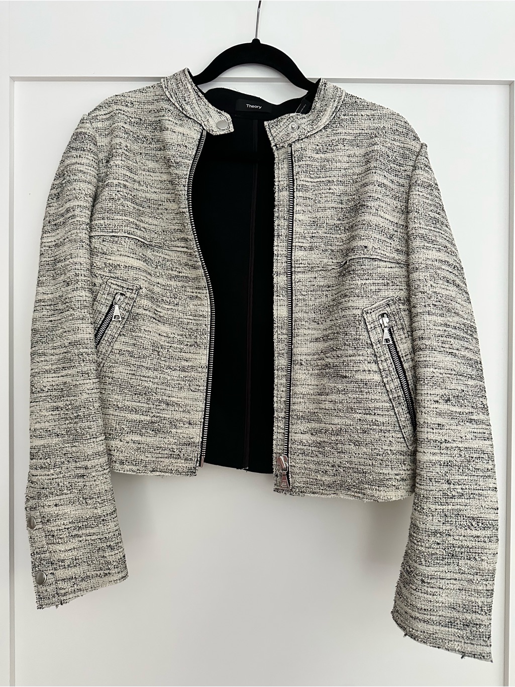 Theory Tweed Zip-Front Cropped Jacket In Ivory/Black